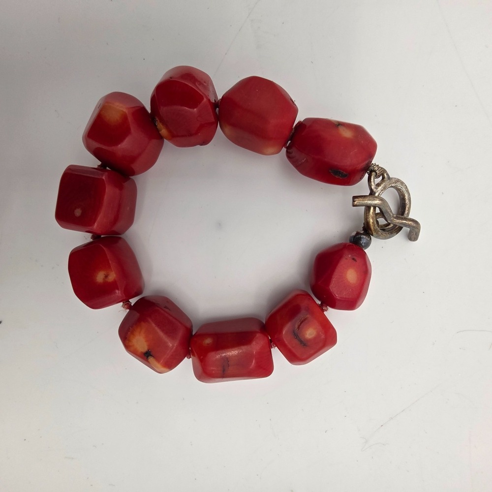 Vintage Sterling Silver Red Coral Bead Bracelet 8"